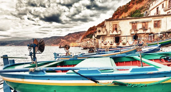 Scilla Calabria Barcos Atracados Puerto Ciudad Atardecer Verano Italia — Foto de Stock