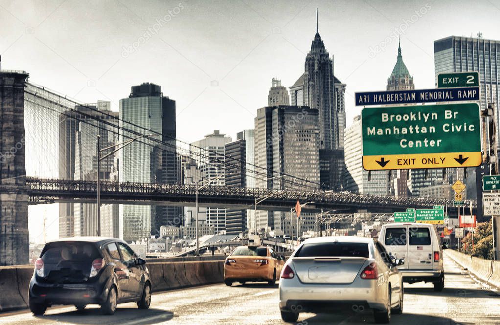 Cars speeding up in FDR Drive in New York. View from car interio