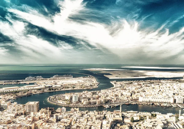 Vista Aérea Del Arroyo Dubai Con Horizonte Deira Emiratos Árabes — Foto de Stock