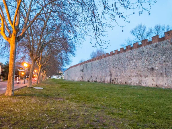 Verschwommene Nacht Ansicht Der Antiken Stadtmauern Von Pisa Toskana — Stockfoto
