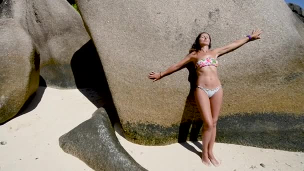 岩にもたれてビーチでリラックスしたビキニの女性 — ストック動画