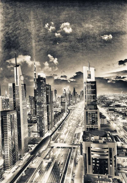 Линия Горизонта Вниз Улице Шейх Зайед Ночью Дубай — стоковое фото