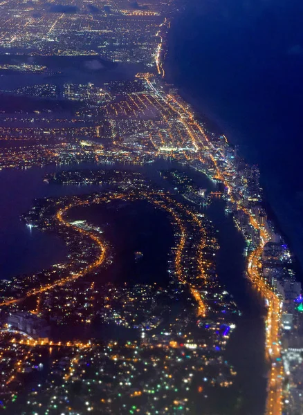 Miami Beach Lights Night Departing Aircraft — Stock Photo, Image