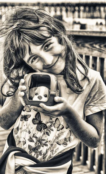 Happy Young Girl Her Puppy — Stock Photo, Image