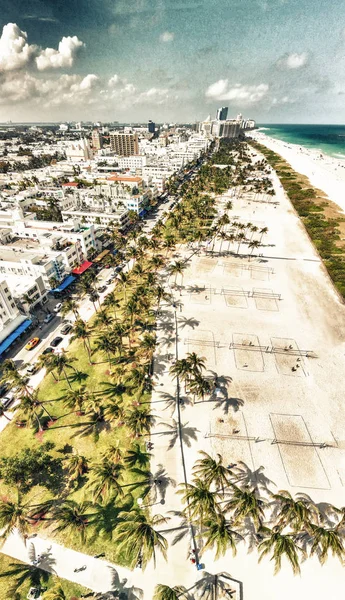 Panoramic view of Miami Beach park and Ocean Drive as seen from drone.