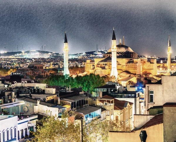 Velkolepost Zařízení Hagia Sophia Museum Noc Letecký Pohled Istanbul Turecko — Stock fotografie