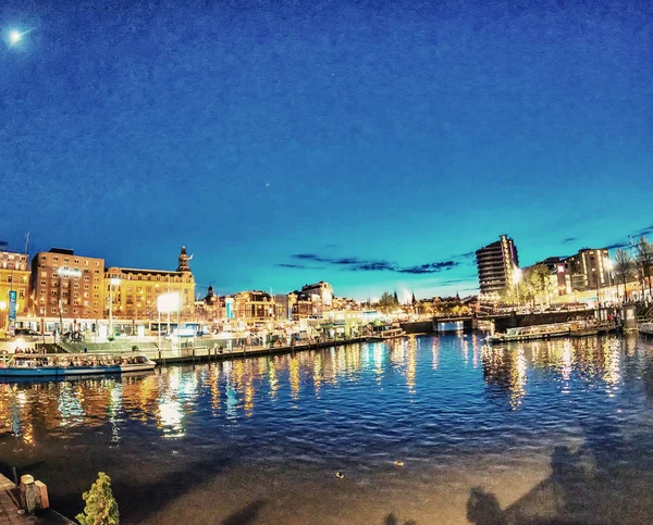 Häuser Über Amsterdam Kanal Der Nacht — Stockfoto