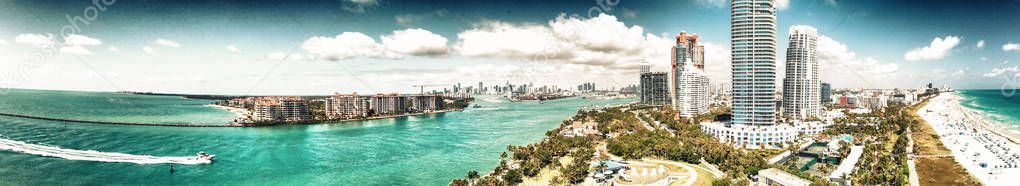 Aerial view of Miami skyline from South Pointe Park, Florida.