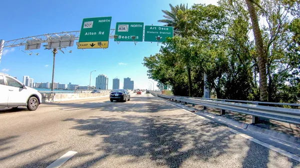 Miami Mars 2018 Macartur Causeway Depuis Une Voiture Mouvement Miami — Photo