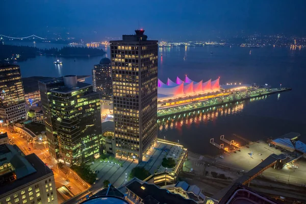 Vancouver Skyline Med Canada Place Natten Aerial View — Stockfoto