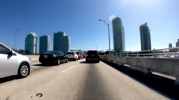 Miami Março 2018 Tráfego Macartur Causeway Visto Carro Movimento — Vídeo de Stock