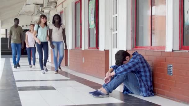 Gruppo Adolescenti Piedi Nel Corridoio Della Scuola Bullismo Ragazzo Seduto — Video Stock