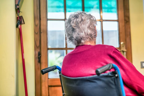 Elderly Woman Wheelchair Home Back View — Stock Photo, Image