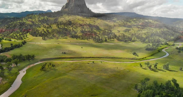 Aerial view of Devils Tower National Monument at summer sunset, — Stock Photo, Image
