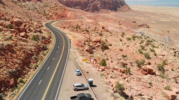 Aerial drone view of eroded sandstone of a road trip in Utah Nat — Stock Photo, Image