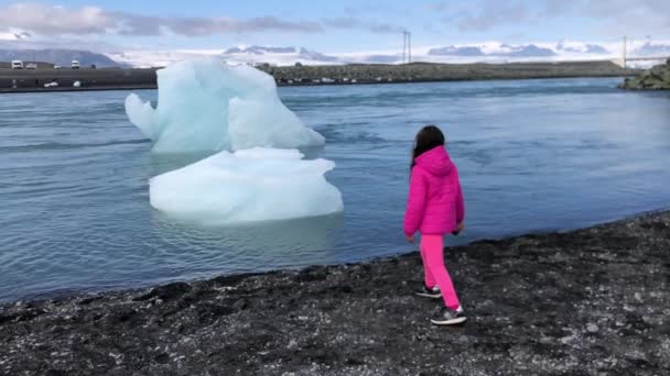 Bilder Bedårande Liten Flicka Som Står Stranden Omgiven Glaciärbitar — Stockvideo