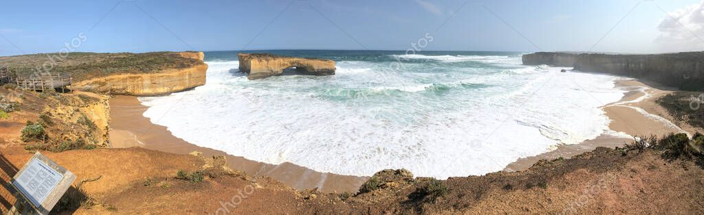 Panoramic aerial view of Great Ocean Road rocks formations and L