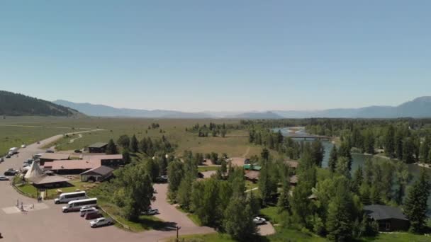 Panoramic Aerial Footage Grand Teton Peaks Landscape Snake River — Stock Video