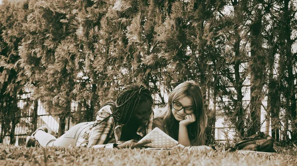 芝生の上に横たわっている公園でリラックスしたカップル — ストック写真