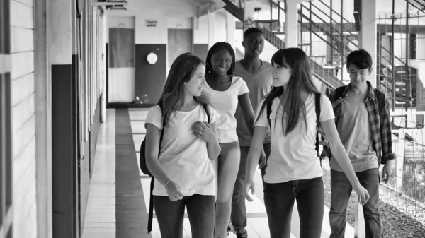 Grupo Multiétnico Estudiantes Escuela Hablando Esperando Lección Escolar —  Fotos de Stock