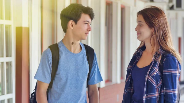 Caucásico Adolescente Pareja Feliz Escuela Hablando Pasillo —  Fotos de Stock