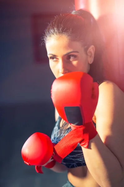 Mulher Bonita Boxeador Ginásio Noite Preparando Para Uma Luta — Fotografia de Stock