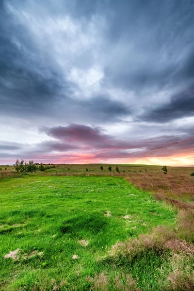 İzlanda 'da gün batımı. Kırsal çayırlar ve kızıl gökyüzü — Stok fotoğraf