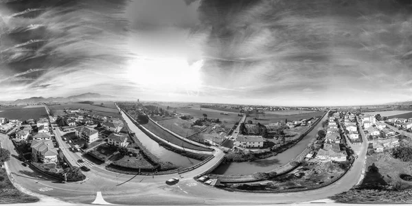 360 degrees image of italian town. Aerial view of meadows, river — Stock Photo, Image