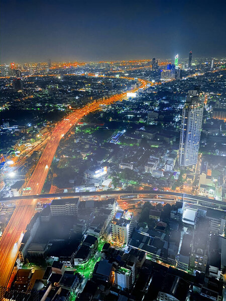 BANGKOK, THAILAND - DECEMBER 14, 2019: Aerial view of the city at night.