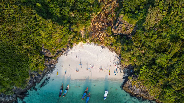 Amazing sunset aerial view of Nui Beach from drone. Ko Phi Phi D