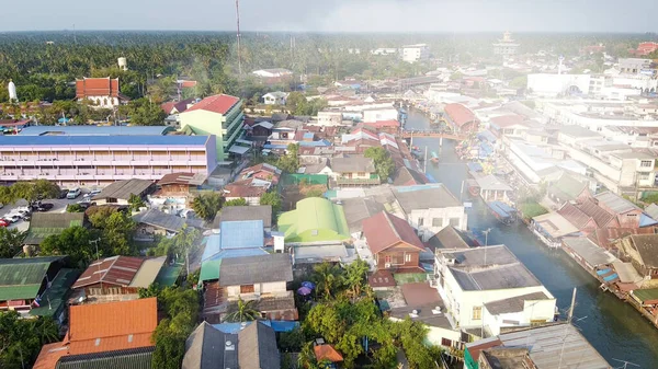 Aerial view of Amphawa Market, famous floating market near Bangk