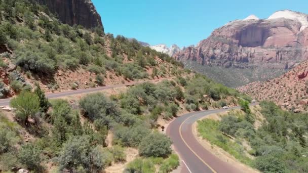 Moving Cars Zion National Park Road Overhead Aerial View — Stock Video