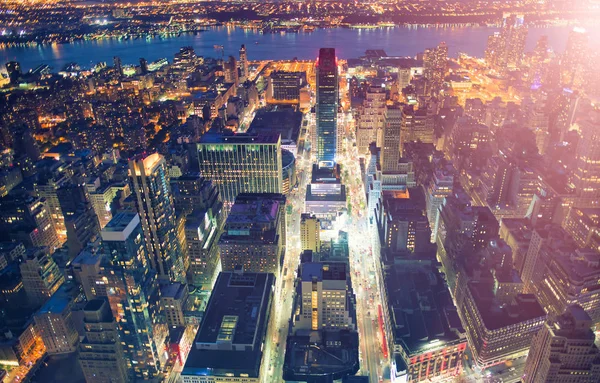 New York City Usa Natt Flygfoto Över Midtown Manhattan Skyskrapor — Stockfoto