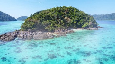 Surin Adaları, Tayland. Güneşli bir günde gölün ve ormanın panoramik hava manzarası.