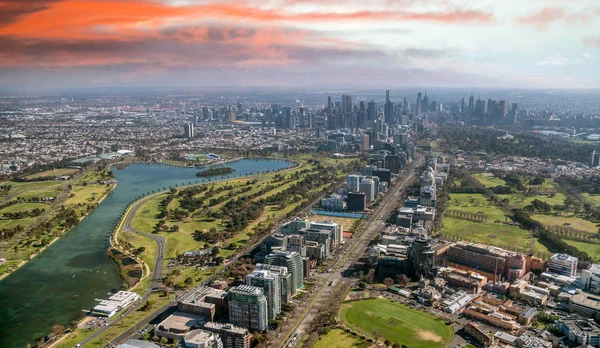 Vue Aérienne Des Toits Melbourne Depuis Hélicoptère Par Une Belle — Photo