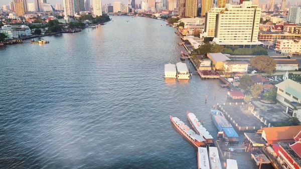 Vista Aérea Barcos Rio Chao Phraya Banguecoque — Fotografia de Stock