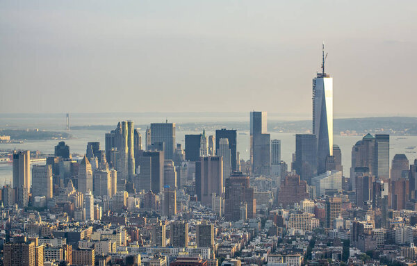 Aerial view of Downtown Manhattan skyline in summer season, New York City