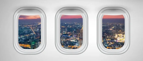Окна Самолета Ночным Видом Бангкок Таиланд Концепция Путешествий Отдыха — стоковое фото
