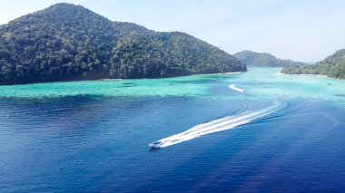 Surin Adaları, Tayland. Güneşli bir günde gölün ve ormanın panoramik hava manzarası.