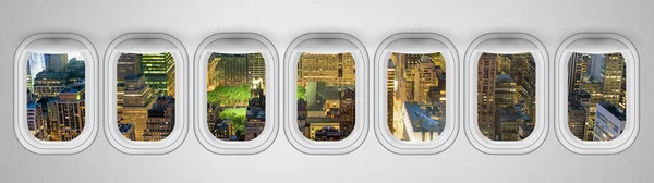 Janelas Avião Com Vista Noturna Nova York Conceito Abstracto Viagem — Fotografia de Stock