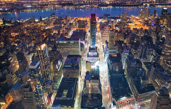 New York City Usa Natt Flygfoto Över Midtown Manhattan Skyskrapor — Stockfoto