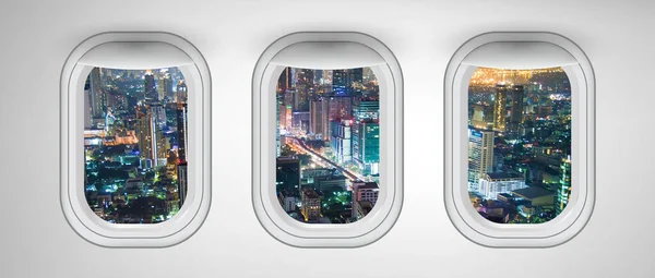Окна Самолета Ночным Видом Бангкок Таиланд Концепция Путешествий Отдыха — стоковое фото