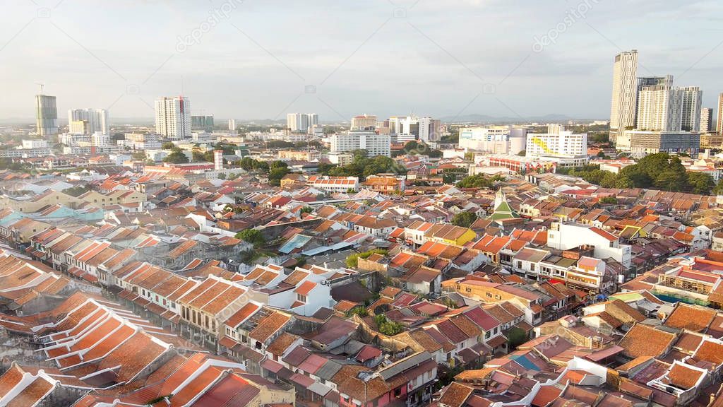Malacca aerial view at sunset. Sky colors over Melaka city skyscrapers.