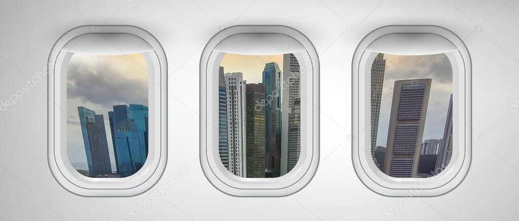 Airplane windows with Singapore skyline view. Travel and holiday abstract concept.