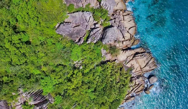 Vista Aérea Panorámica Isla Seychelles Día Soleado Desde Dron — Foto de Stock