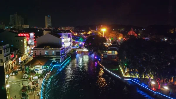 Vista Aérea Panorâmica Melaka Noite Malásia Paisagem Cidade Malacca Drone — Fotografia de Stock