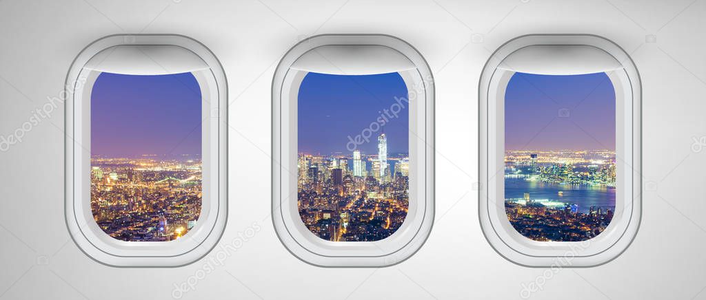 Manhattan night skyline as seen from airplane windows, New York City. Business, travel and holiday concept abstract.
