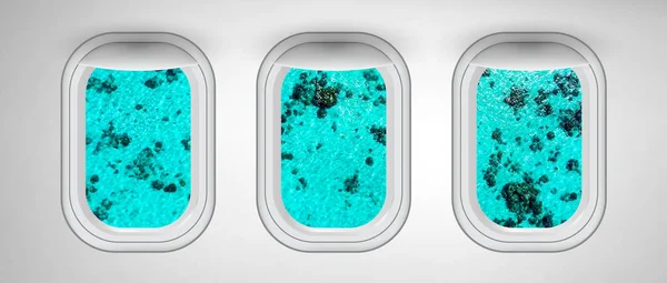 Okna Samolotu Widokiem Ocean Reef Abstrakcyjna Koncepcja Podróży Wakacji — Zdjęcie stockowe
