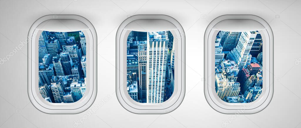Airplane windows with New York City night view. Travel and holiday abstract concept.