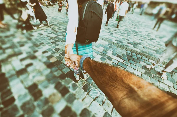 Girl Holding Man Hand City Visit Follow Concept Tourism Abstract — Stock Photo, Image